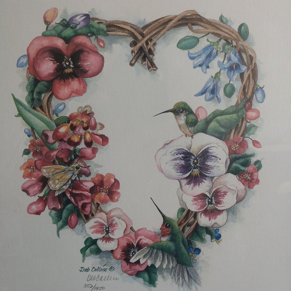 Deb Collins hummingbird Signed Numbered Lithograph Pink Matted Gold 19” X 16”